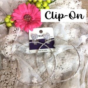 Crystal Rhinestone Bling Sparkle Heart Hoop Dangle Clip-On Earrings